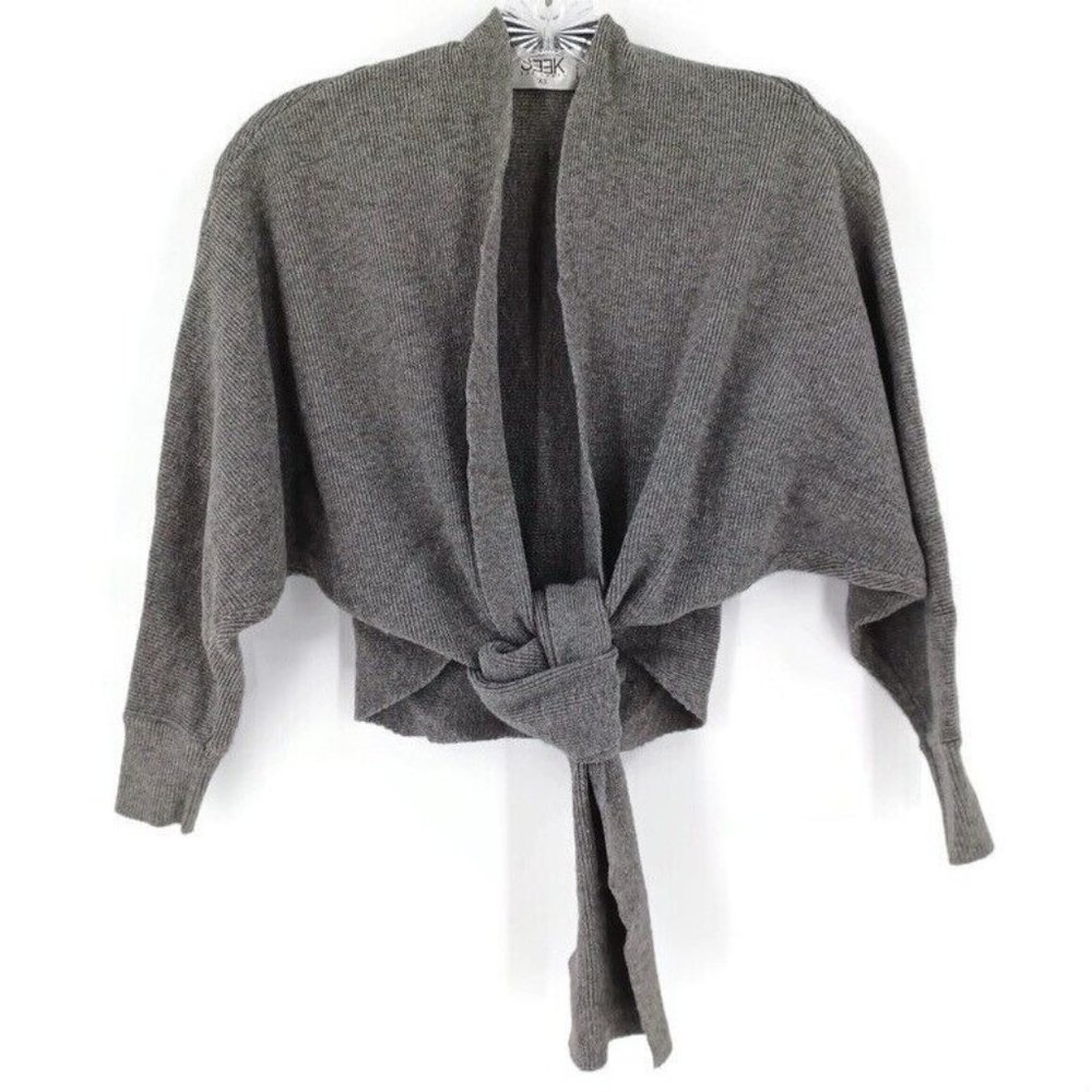 SEEK THE LABEL Sz XS Gray Ribbed Tie Front Half Sleeve Cardigan Fall Cozy Modern - Picture 2 of 15